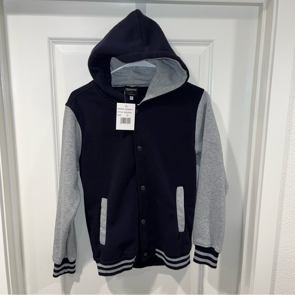 Brand new Original Deluxe youth Size 14 hooded Jacket blue & Gray button up